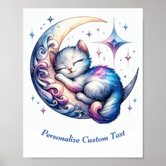 Persoonlijk Knuffelkatje Slapend op Maan Poster (Voorkant)