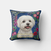 Persoonlijk kussen met Maltese hond en blauwe bloe
