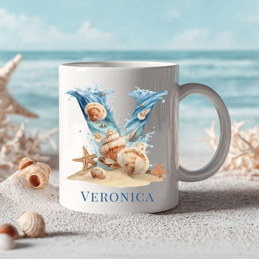 Persoonlijk Kustmonogram V Initiaal Strand Koffiemok