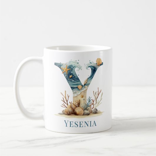 Persoonlijk kustmonogram Y initiële strand Koffiemok (Links)