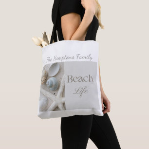 Persoonlijk kustschelpengeschenk voor strandhuis tote bag