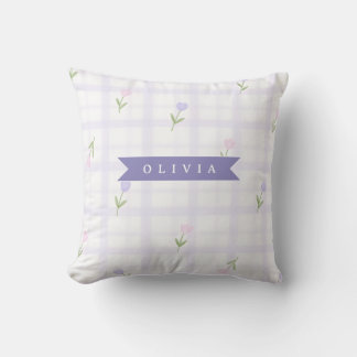Persoonlijk Lavendel Gingham Bloemen Naam Cadeau Kussen