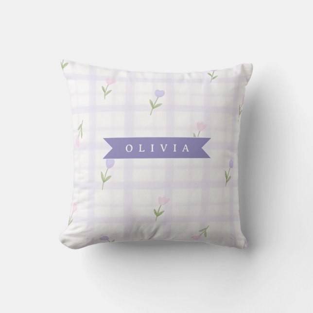 Persoonlijk Lavendel Gingham Bloemen Naam Cadeau Kussen (Voorkant)