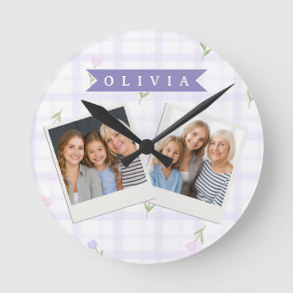 Persoonlijk Lavendel Gingham Bloemen Naam Cadeau Ronde Klok