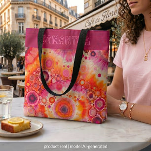 Persoonlijk leuk oranje roze batik kunstpatroon tote bag