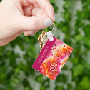 Persoonlijk leuk retro oranje hot pink kunstpatroo sleutelhanger
