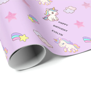 Persoonlijk Lichtpaars Eenhoorn Verjaardagsfeest Cadeaupapier