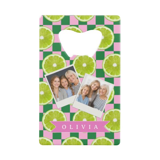 Persoonlijk Lime Gingham Citrus Aangepaste Naam Creditkaart Flessenopener (Voorkant)