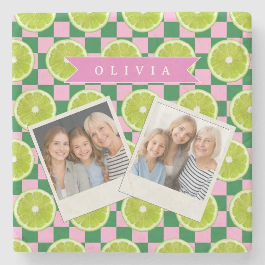 Persoonlijk Lime Gingham Citrus Aangepaste Naam Stenen Onderzetter (Voorkant)