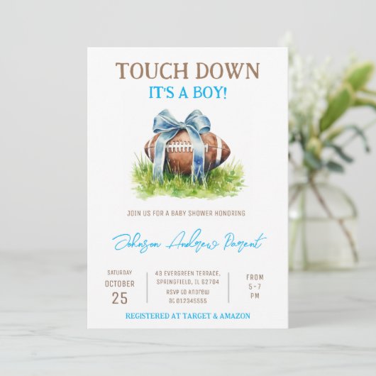 Persoonlijk Little Baby Boy Football Baby shower Kaart (Staand voorkant)