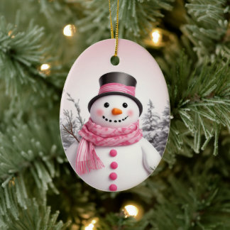 Persoonlijk maken: Roze Thema Kerstman Sneeuwpop Keramisch Ornament