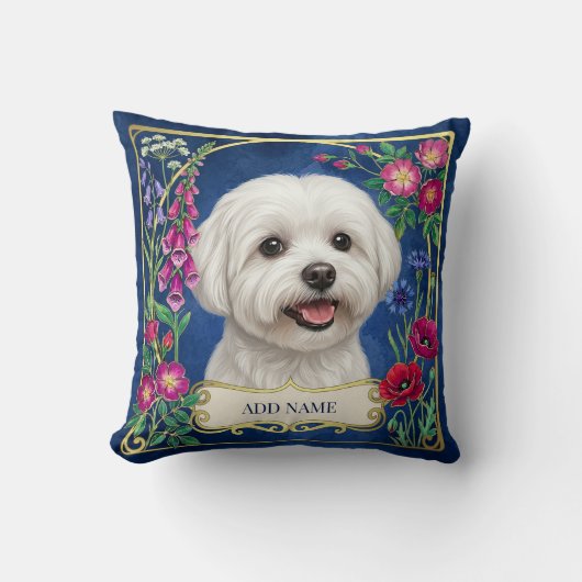 Persoonlijk Maltese Hond Blauw Bloemenkussen Kussen (Voorkant)