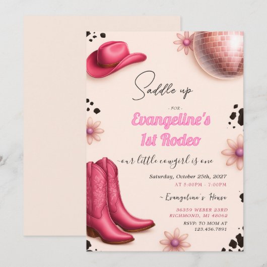 Persoonlijk Meisje 1e Rodeo Verjaardag Uitnodiging (Voorkant / Achterkant)