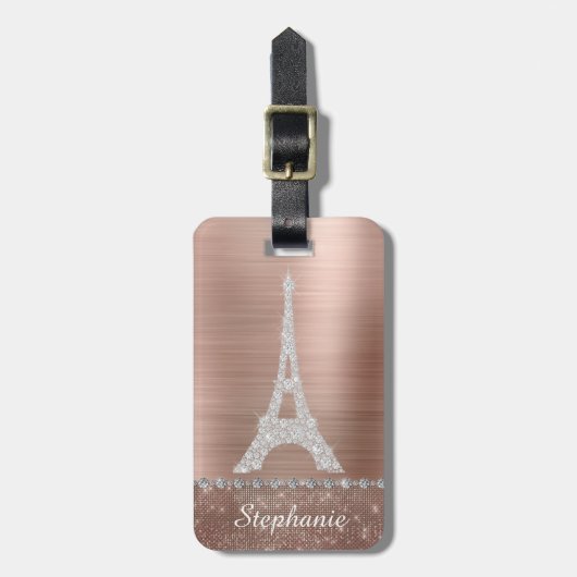 Persoonlijk meisje Roos Gold Diamond Sparkle Paris Bagagelabel (Voorkant verticaal)