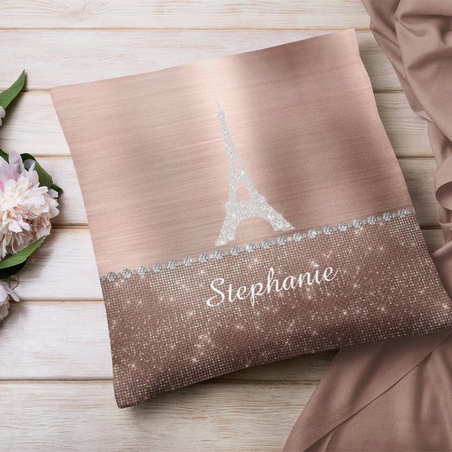 Persoonlijk meisje Roos Gold Diamond Sparkle Paris Kussen (Personalized Girly Rose Gold Diamond Sparkle Paris Throw Pillow)