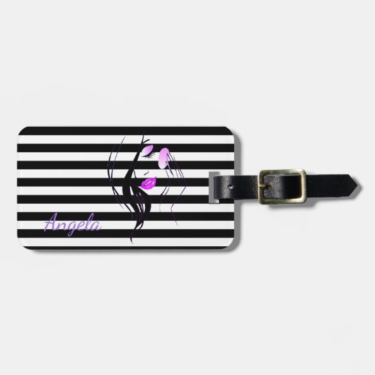 Persoonlijk Meisjessilhouet, Zwart, Witte Strepen Bagagelabel (Voorkant horizontaal)