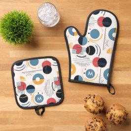 Persoonlijk mid century geometrisch patroon ovenwant & pannenlap set