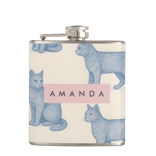 Persoonlijk Minimalistisch Blauw Kat Patroon Heupfles (Voorkant)