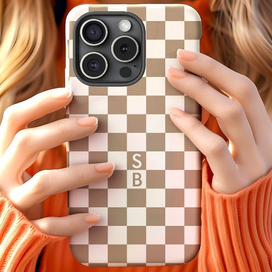 Persoonlijk Mocha Wit Dambord Monogram Case-Mate iPhone Case