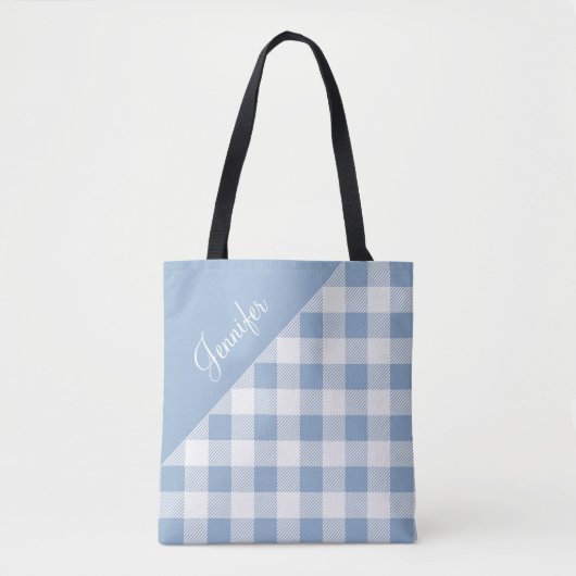 Persoonlijk modern blauw geruit tote bag (Voorkant)