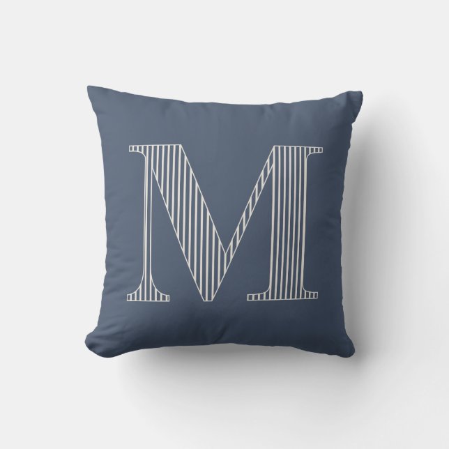 Persoonlijk modern blauw gestreept monogram initia kussen (Voorkant)