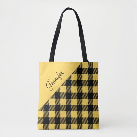Persoonlijk modern geel ruitpatroon tote bag (Voorkant)