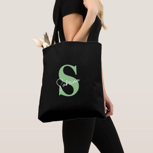 Persoonlijk Modern Minimaal Saliegroen Monogram Tote Bag (Dichtbij)