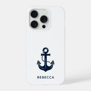 Persoonlijk modern nautisch marineblauw anker iPhone 15 pro case