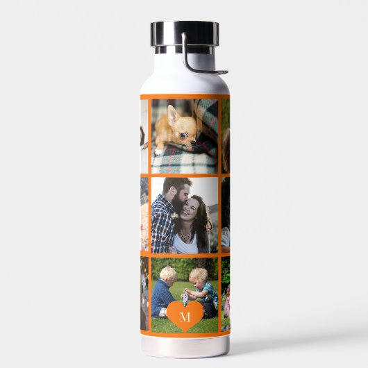 Persoonlijk modern oranje foto collage monogram waterfles (Links)