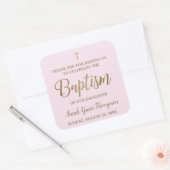 Persoonlijk Modern roze baptisme Baby dank je Sq Vierkante Sticker (Envelop)