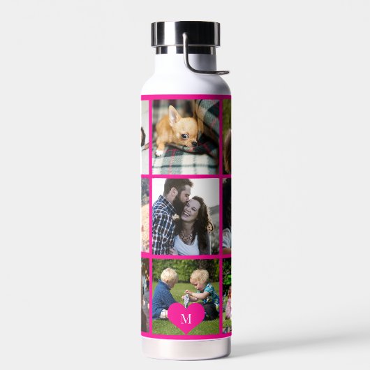 Persoonlijk modern roze foto-collage-monogram waterfles (Links)
