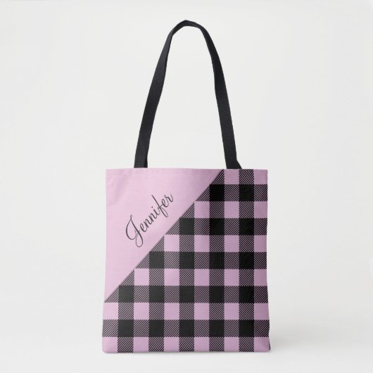 Persoonlijk modern roze ruitjespatroon tote bag (Voorkant)