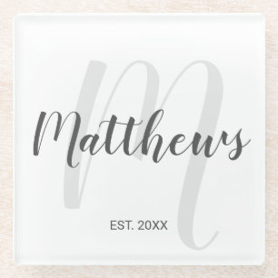 Persoonlijk modern schrift monogram & familienaam glazen onderzetter