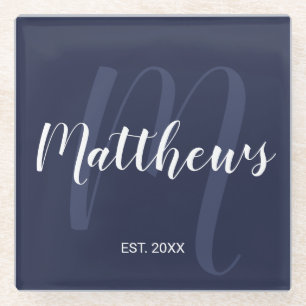 Persoonlijk modern schrift monogram & familienaam glazen onderzetter