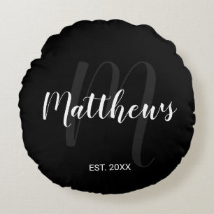 Persoonlijk modern schrift monogram & familienaam rond kussen