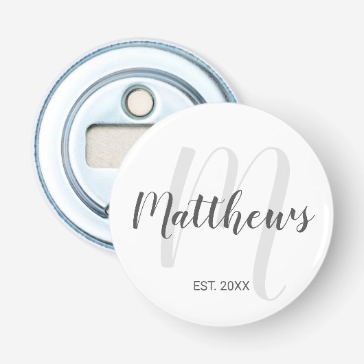 Persoonlijk modern script monogram & naam van fami button flesopener (Voorkant)