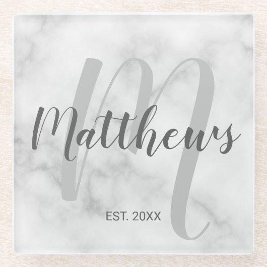 Persoonlijk modern script monogram & naam van fami glazen onderzetter (Voorkant)