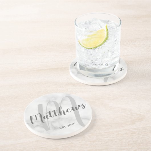 Persoonlijk modern script monogram & naam van fami zandsteen onderzetter (Zijkant)