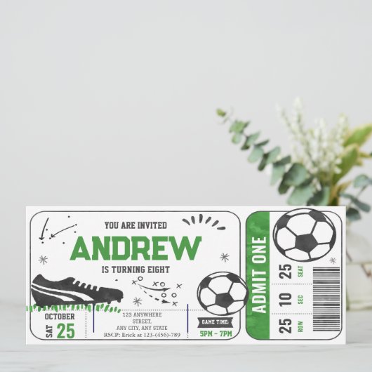 Persoonlijk modern Soccer Verjaardag Party Ticket Kaart (Staand voorkant)