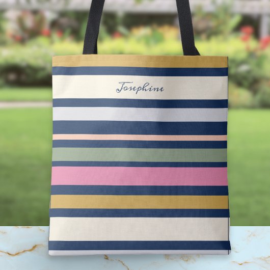 Persoonlijk modern streeppatroon elegante script tote bag
