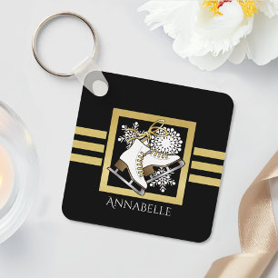 Persoonlijk modern zwart goud glitter schaatsen sleutelhanger