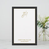 Persoonlijk modern zwart-wit en goudmonogram briefpapier (Staand voorkant)
