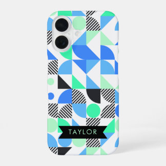 Persoonlijk moderne blauwe mint geometrisch iPhone 16 hoesje