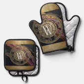 Persoonlijk Monogram Agate Roze Rustieke Metaal Lu Ovenwant & Pannenlap Set (Voorkant / Achterkant)