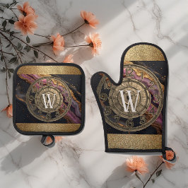 Persoonlijk Monogram Agate Roze Rustieke Metaal Lu Ovenwant & Pannenlap Set