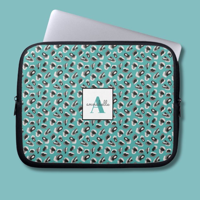 Persoonlijk Monogram Aqua Luipaard Dierprint Laptop Sleeve (Turquoise animal print personalied laptop sleeve)