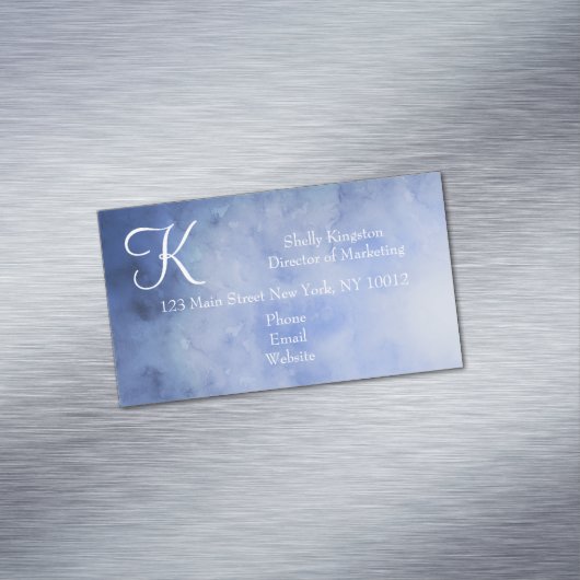 Persoonlijk monogram blauw en wit magnetisch visitekaartje (Voorbeeld)