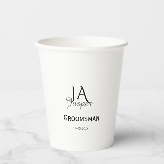 Persoonlijk monogram bruidsjonker getuige naam dat papieren bekers (Voorkant)