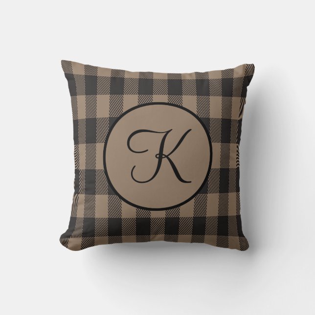 Persoonlijk monogram Bruin en Zwart Buffalo Plaid Kussen (Voorkant)