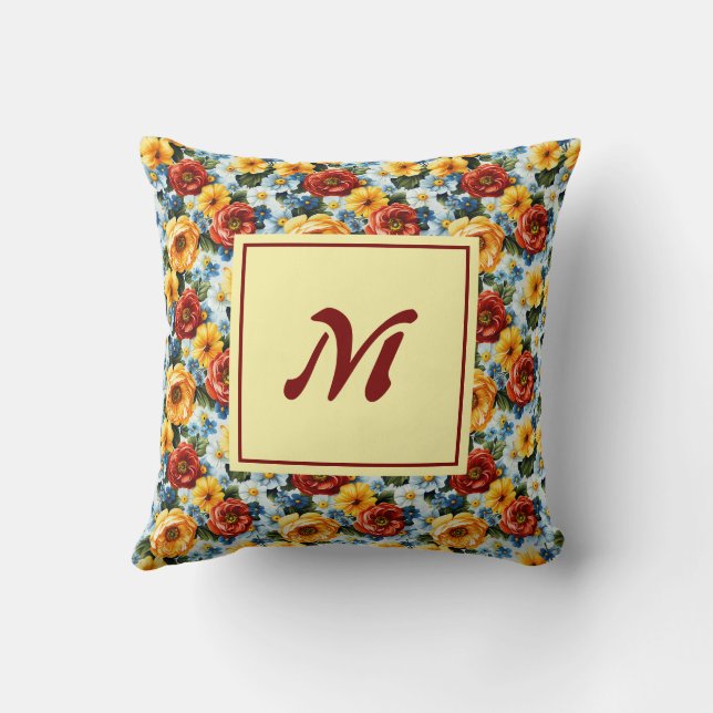Persoonlijk Monogram – Elegante Moderne Bloem Kussen (Achterkant)